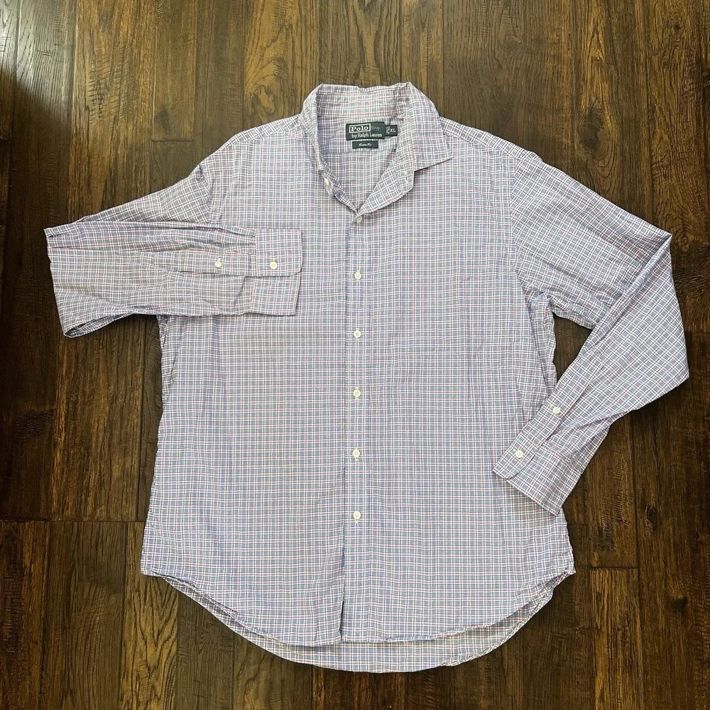 Vintage Polo Ralph Lauren Shirt Mens XL Plaid Check Blue Pink Custom Fit Y2K 90s